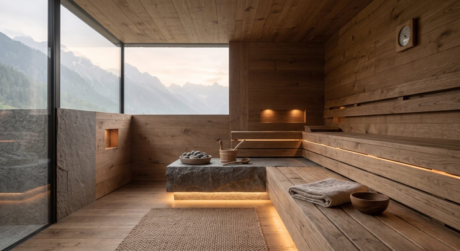 Ruheraum aus Holz mit warmem Licht