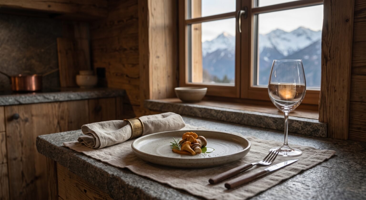 Angerichteter Teller am Fenstertisch im Restaurant