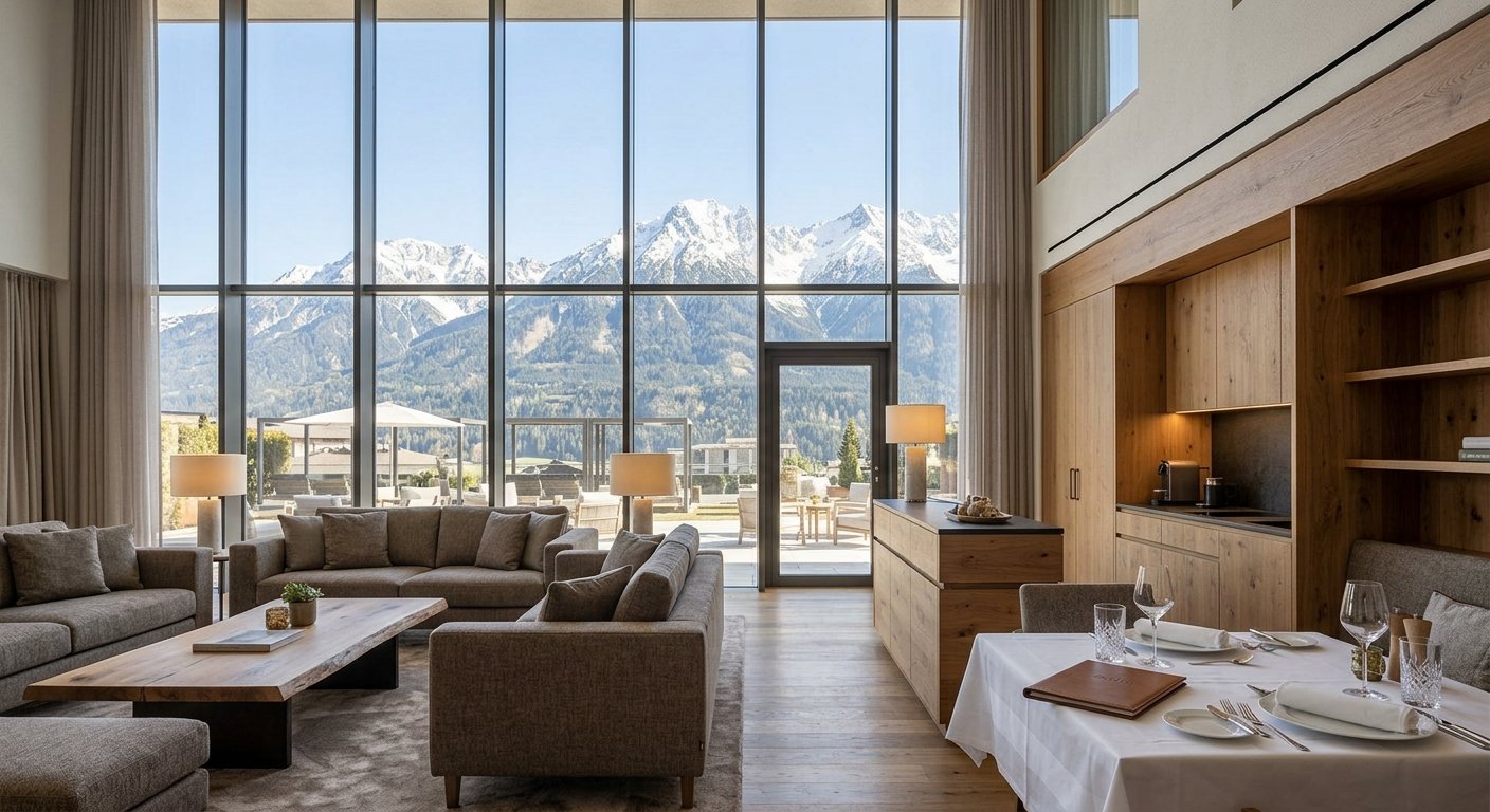 Lobby mit Panoramafenstern und Blick auf die Berge