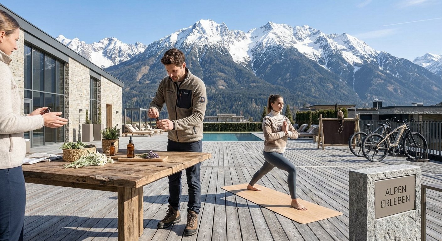 Gäste auf der Terrasse vor dem Wettersteingebirge