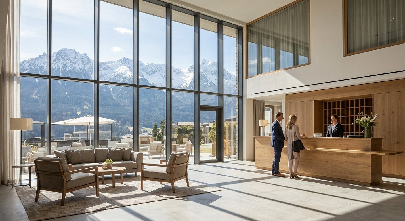 Lounge mit hohen Fenstern und Bergpanorama