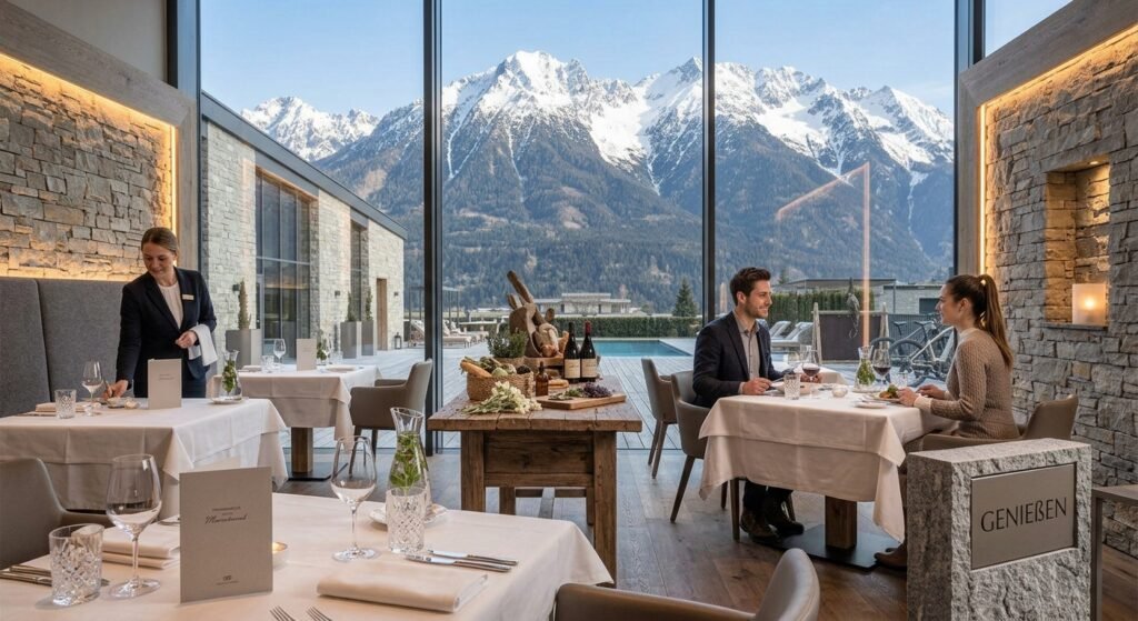 Restaurant Sonnenhof mit Panoramafenstern zum Wettersteingebirge