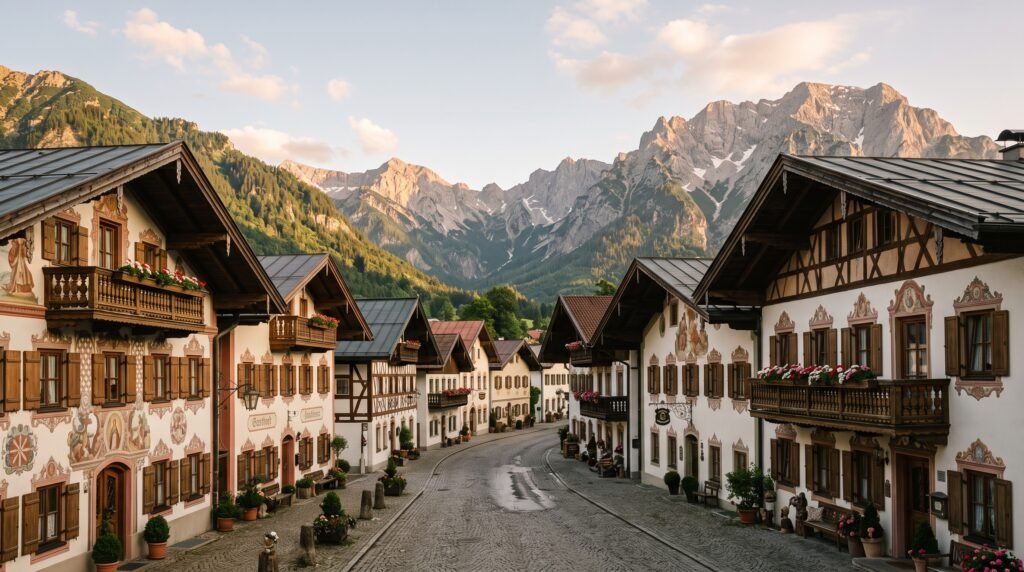 Bemalte Häuser in Garmisch-Partenkirchen vor dem Wettersteingebirge