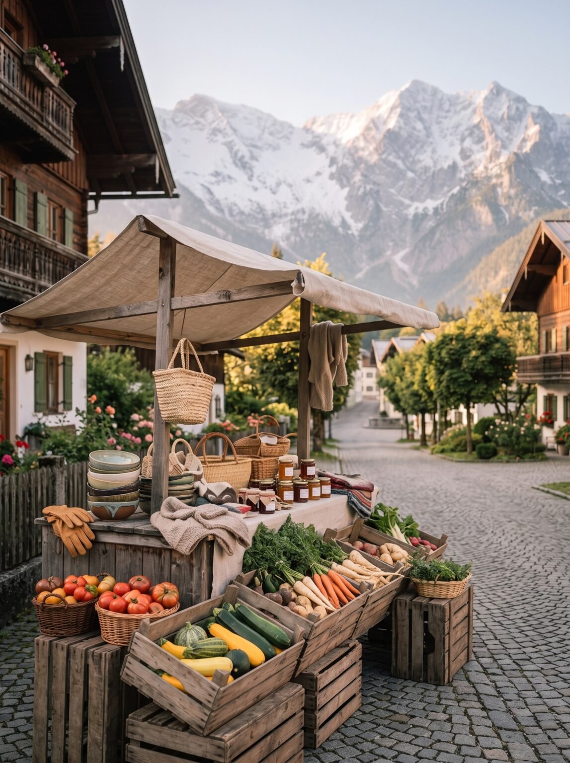 Markt mit Blumen und Produkten aus der Region im Ortskern