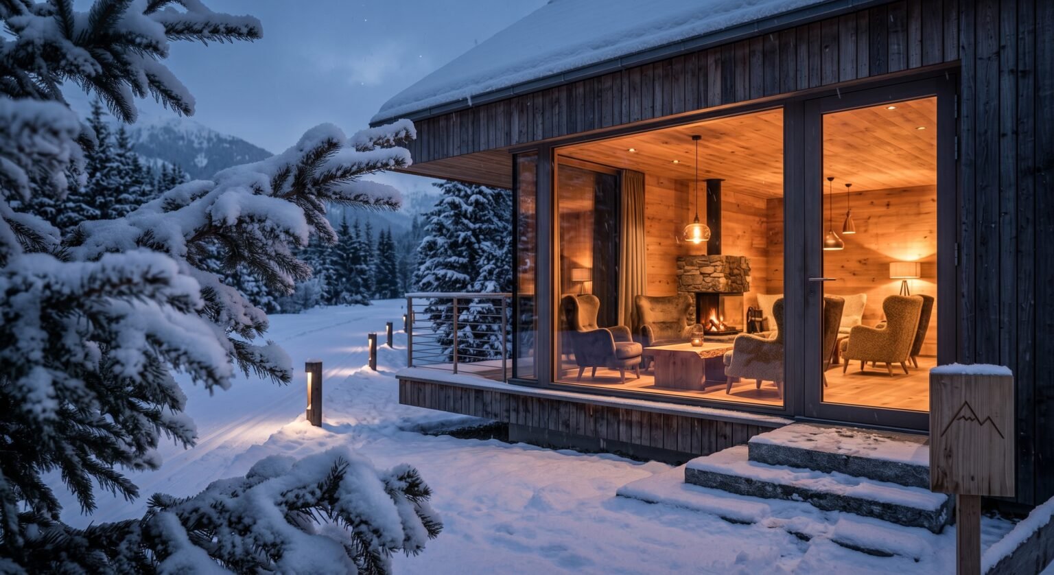Chalet im Schnee mit warm beleuchteter Stube