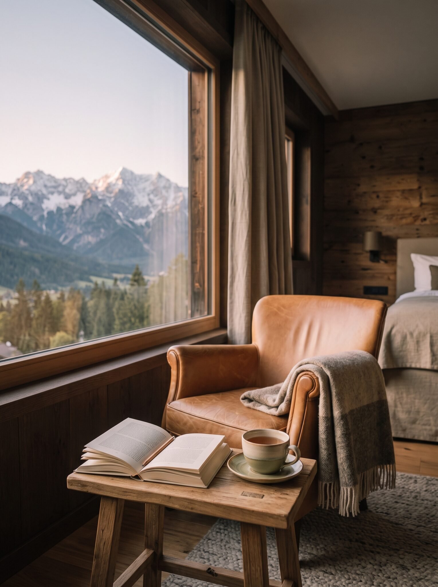 Leseplatz am Fenster mit Bergblick
