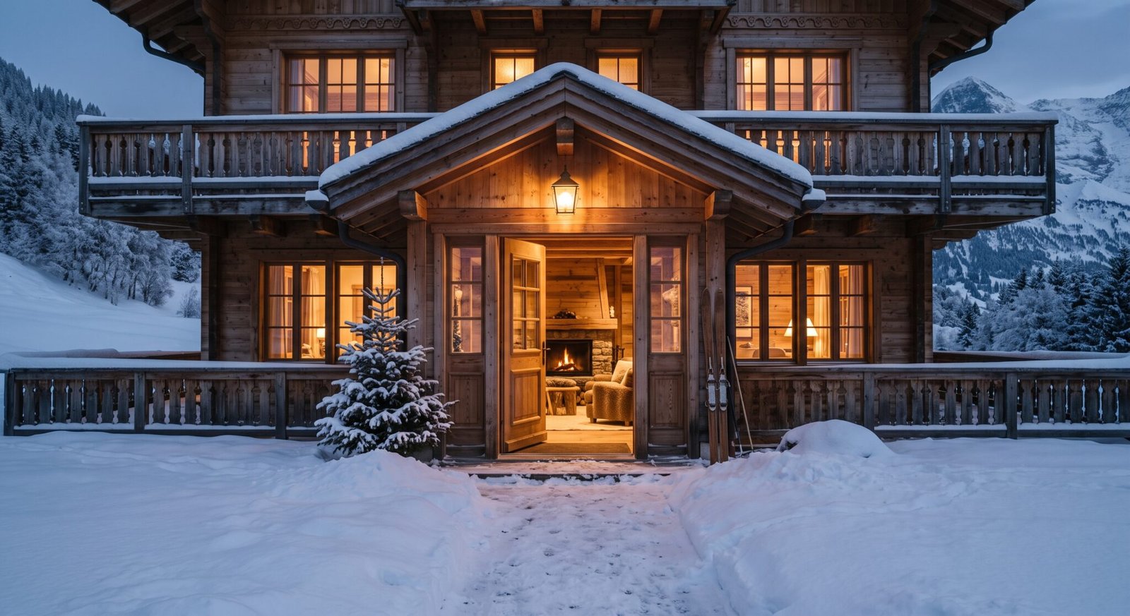 Der Sonnenhof im Winter mit warm beleuchteten Fenstern