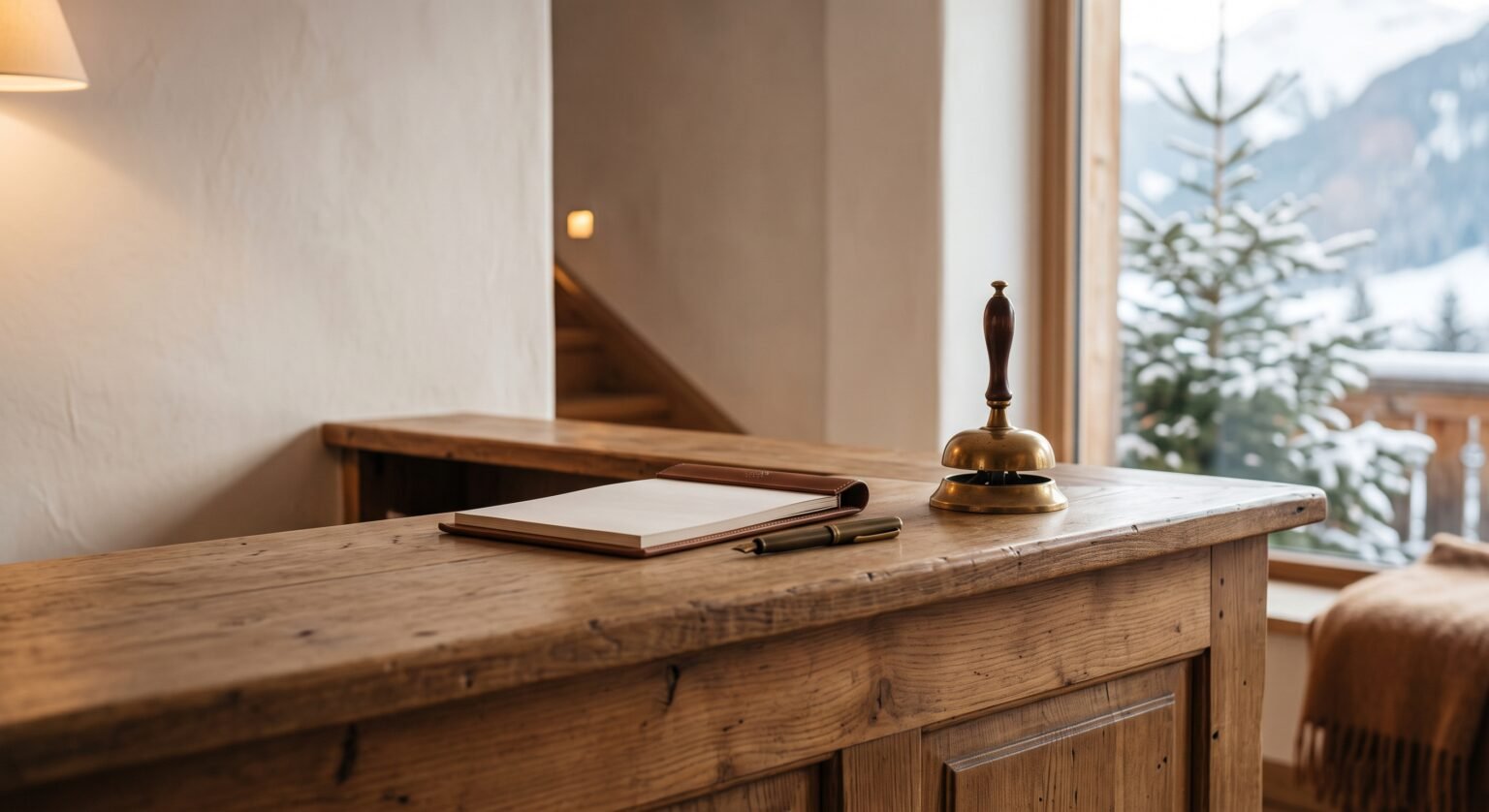 Rezeption aus hellem Holz im Sonnenhof